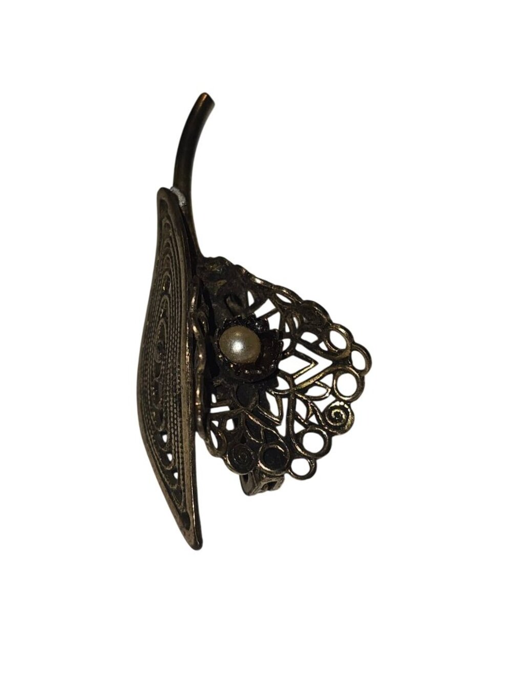 Vintage 1960s Bronze Tone Pearl Bouquet Art Deco Filagree Lapel, Tie, Brooch